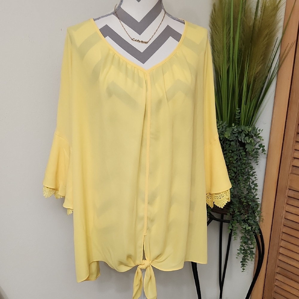 Women's Yellow Tie-Hem V-Neck Blouse